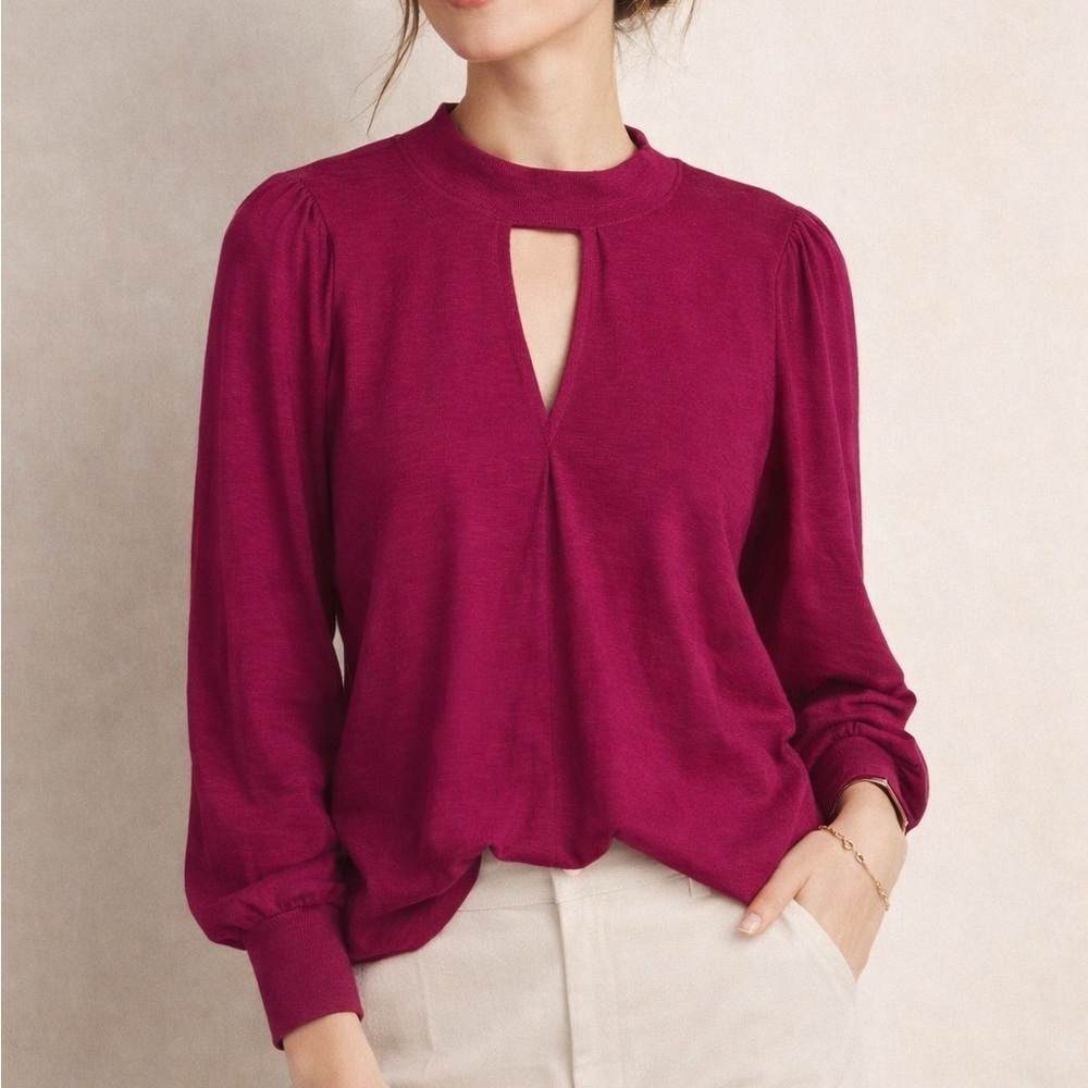 Nation LTD Pima Cotton Keyhole Top Small Fuchsia Puff Sleeve Long Sleeve Blouse